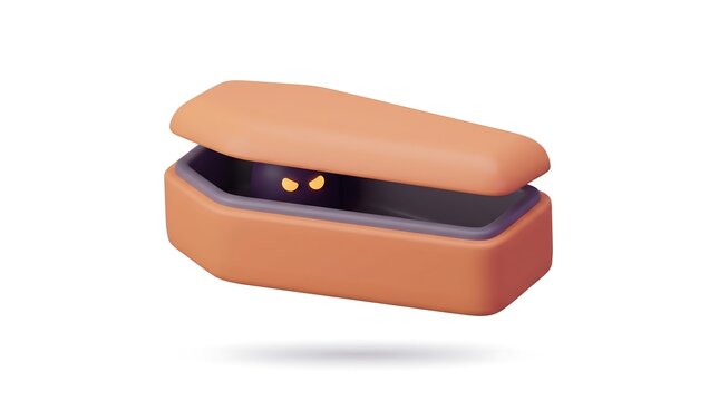3D cartoon orange coffin with glowing yellow eyes inside the dark interior on white background