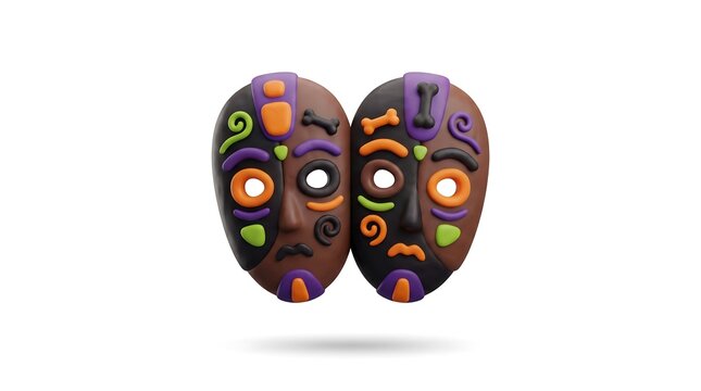 Pair of 3D rendered tribal voodoo masks featuring clay texture on white background studio shot composition
