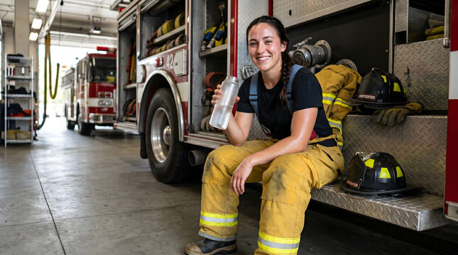 Female firefighter taking a break and drinking water