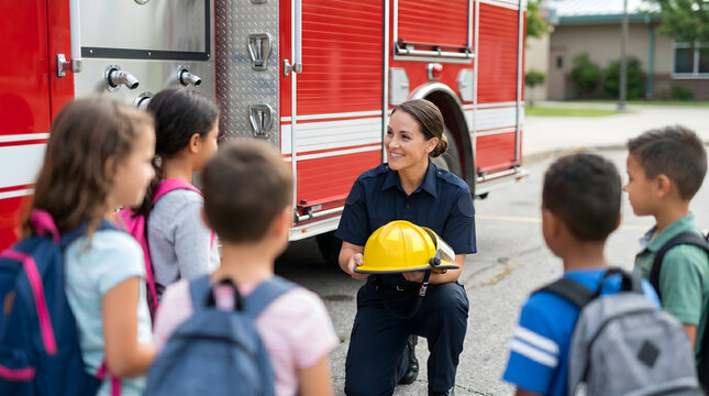 Firefighter showing helmet to diverse children at fire station