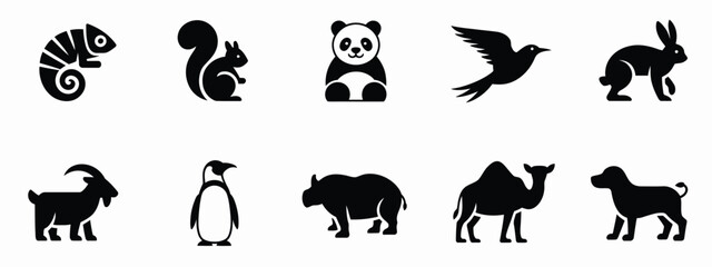 Animal silhouette icon vector set with black isolated wild and domestic creatures including panda squirrel camel penguin dog and rabbit © ALBART