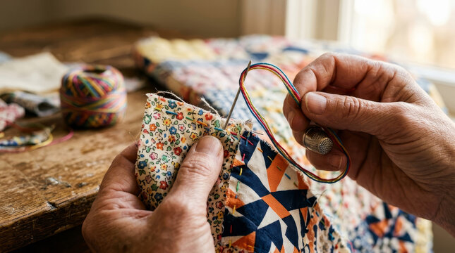 A close-up of skilled hands sewing colorful fabric pieces together with a needle and thread, showcasing the art of quilting and craftsmanship.