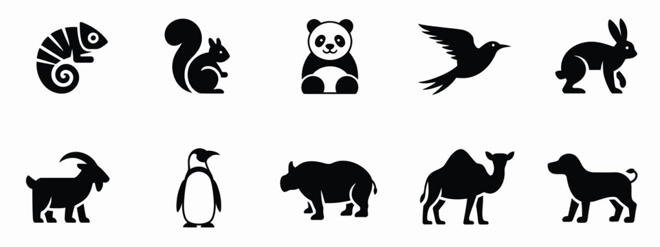 Animal silhouette icon vector set with black isolated wild and domestic creatures including panda squirrel camel penguin dog and rabbit