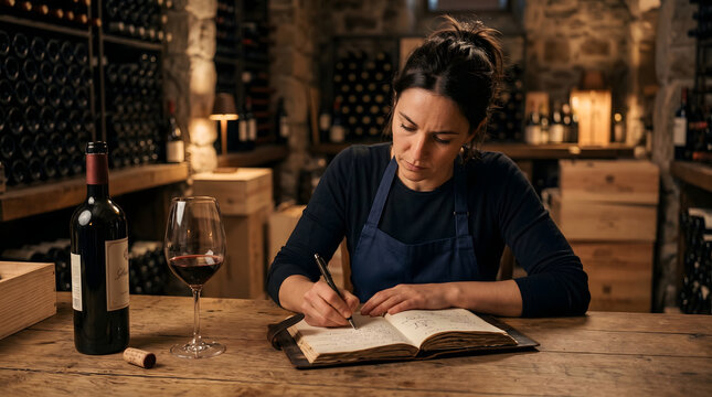 woman in wine cellar taking notes in ledger