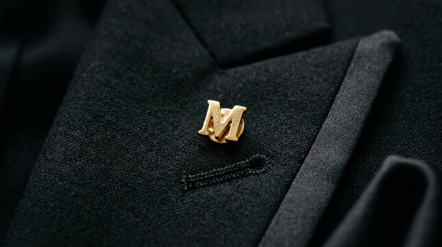 A close-up of a golden letter M lapel pin elegantly set against a textured black fabric, adding a touch of sophistication to formal attire.