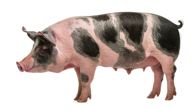 Spotted pink and black pig standing, isolated on transparent background