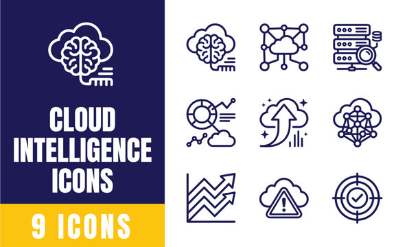 Cloud Intelligence Icons Set &mdash; AI Brain, Network, Server, Analytics, Warning, Target Vector Outline Icons for Tech and AI