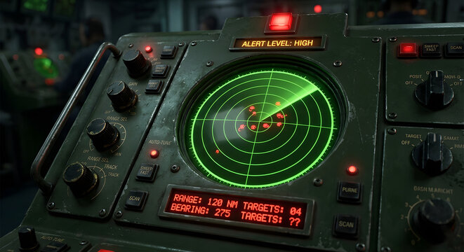 Green military radar screen displaying targets and sweeps. Neon green target interface with radar grid, circular scan rings, and dark monitoring space.