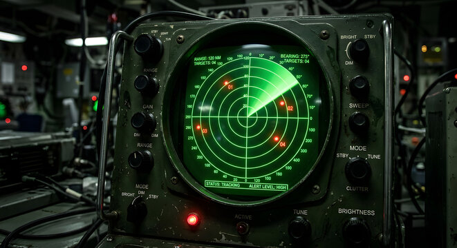 Green military radar screen displaying targets and sweeps. Neon green target interface with radar grid, circular scan rings, and dark monitoring space.