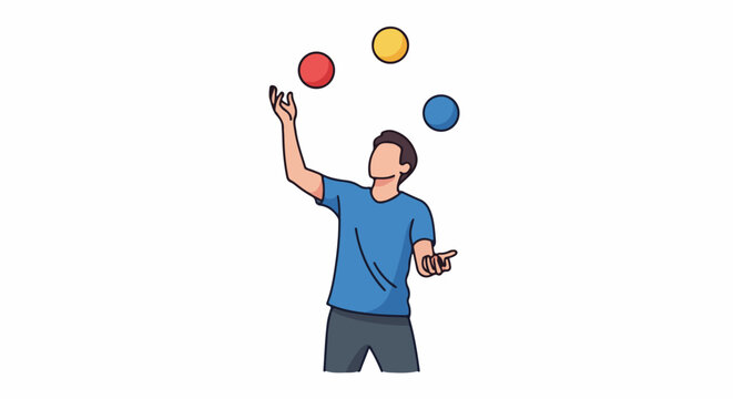 Person juggling three colorful balls in mid-air against a white background