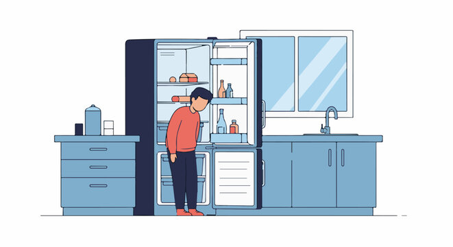 Person looks into an empty refrigerator in a blue kitchen with a sink