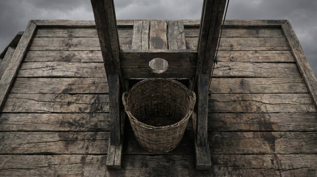 Historical wooden guillotine with a wicker basket on a cloudy day, showcasing the grim aspect of history against a somber sky
