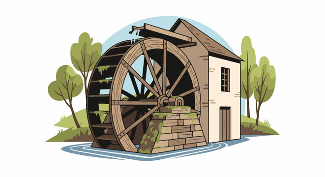 Old millhouse with a large wooden waterwheel by a stream, surrounded by green trees and hills