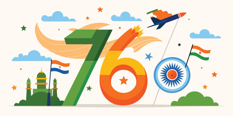 Seventy six number with indian flag colors and national symbols © garin