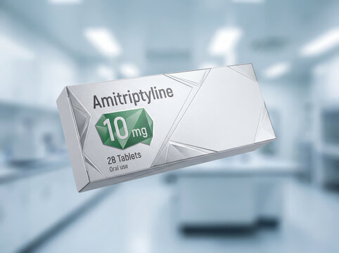 Amitriptyline 10mg antidepressant medication box in clinical setting
