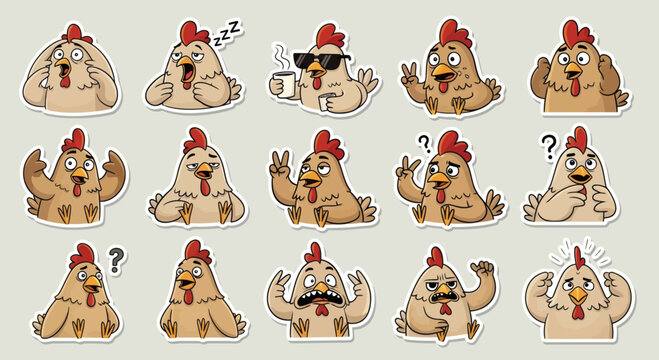 Funny Chicken Emotes Sticker Pack: Cute Cartoon Rooster Expressions