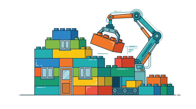 Robotic arm building a house with colorful toy blocks and conveyor belt