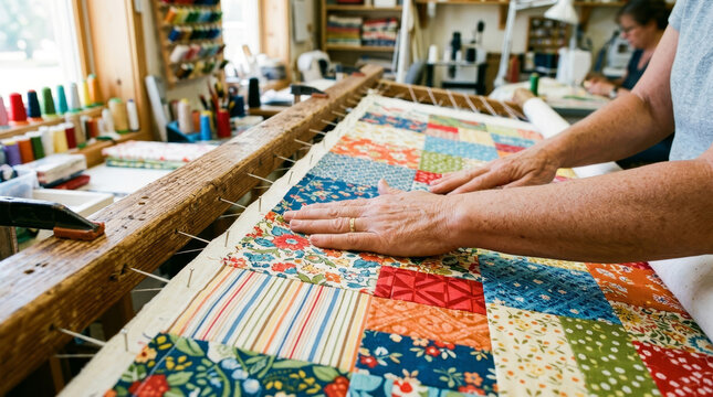A quilter carefully smooths out a colorful patchwork quilt on a wooden frame in a bright, creative sewing studio.