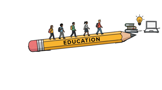 Students walking on a giant pencil towards books and a laptop symbolizing education and learning