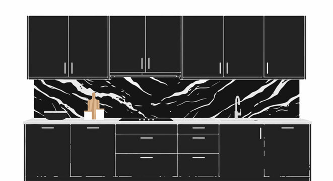 Modern black kitchen with marble backsplash, sink, and appliances