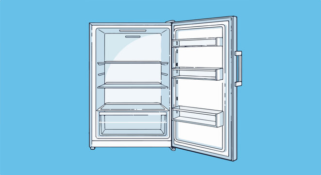 Open, empty refrigerator with multiple shelves and compartments against a blue background