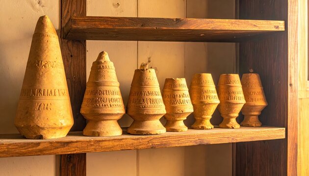 Collection of ancient Sumerian clay cones with dedicatory cuneiform inscriptions displayed on wooden shelves, showcasing Mesopotamian heritage
