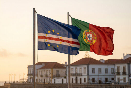 Cape Verde and Portugal Flags Waving Sunset Lusophone Atlantic Country International Concept