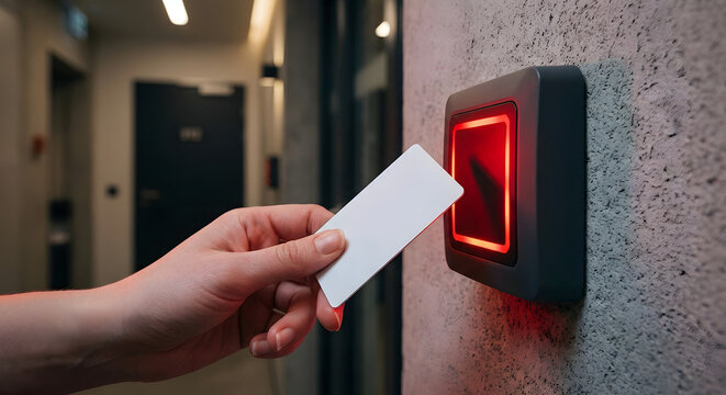 Blank keycard held in hand near red access denied door scanner