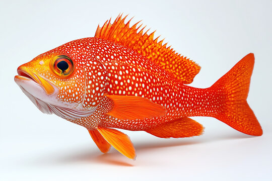 animal by ai, fish in orange with white dots, rockfish on white background, side view, photorealistic