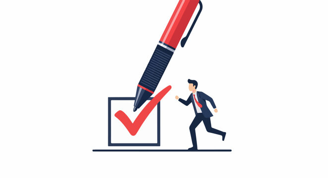 Man in suit runs towards a giant red checkmark in a box, drawn by a large pen
