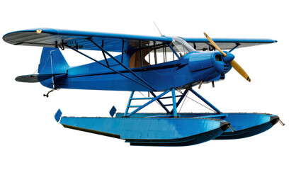 Blue seaplane with wooden propeller, isolated on transparent background © Claudia