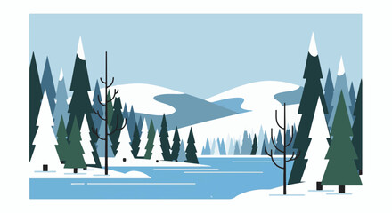 Fototapeta premium Minimalist depiction of a serene winter forest scene with snow-capped trees and a frozen body of water