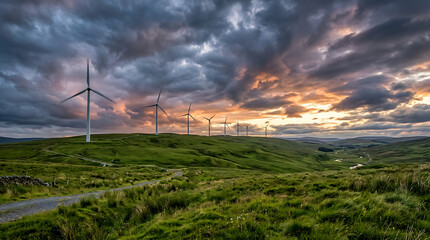 Obraz premium Wind farm at Sunset: Majestic wind turbines stand tall on rolling green hills, silhouetted against a dramatic sunset sky painted with vibrant hues of orange, red, and purple.