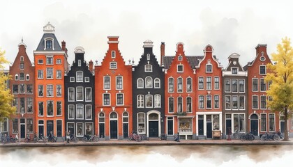 Obraz premium Watercolor painting of Dutch canal houses with varied facades. Buildings feature unique gables and colorful brickwork. People walk and cycle along the waterfront street in autumn.