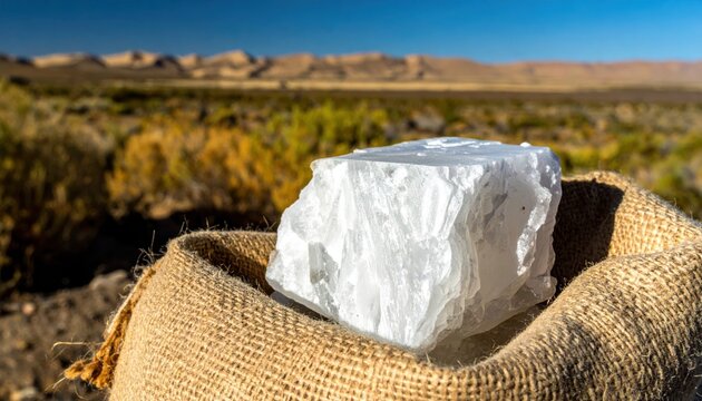 Large natural rock salt block with crystalline structure sits in burlap sack with arid landscape in background
