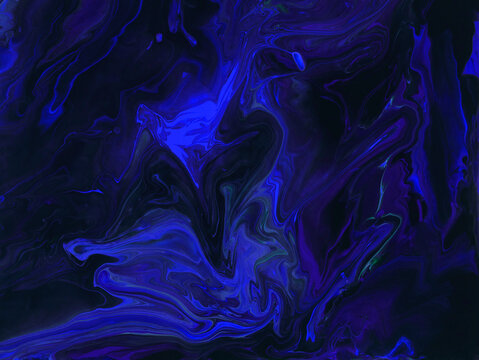 Neon blue abstract fantastic creative hand painted dark background, marble and brush texture, abstract ocean, neon, acrylic