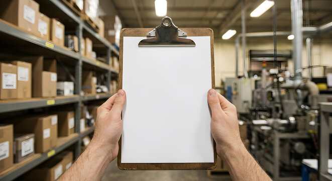 Hand holding white empty clipboard in factory workshop