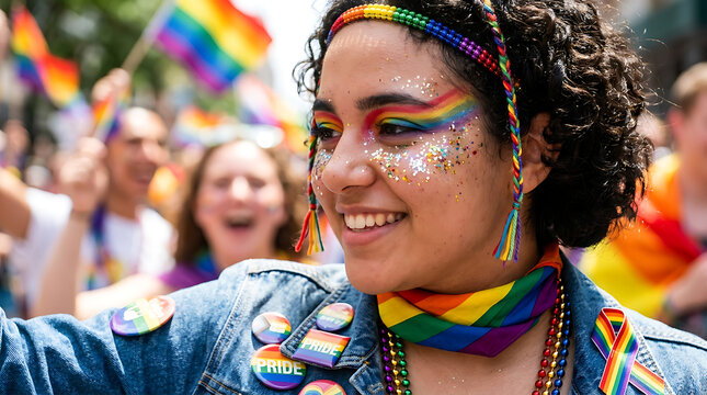 Pride Parade Participant: A joyful individual adorned with rainbow makeup and glitter participates in a vibrant pride parade, surrounded by a cheering crowd and fluttering pride flags.