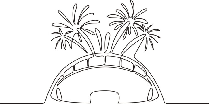 Tropical island bridge, palm trees, line art, minimalist travel icon, vector illustration