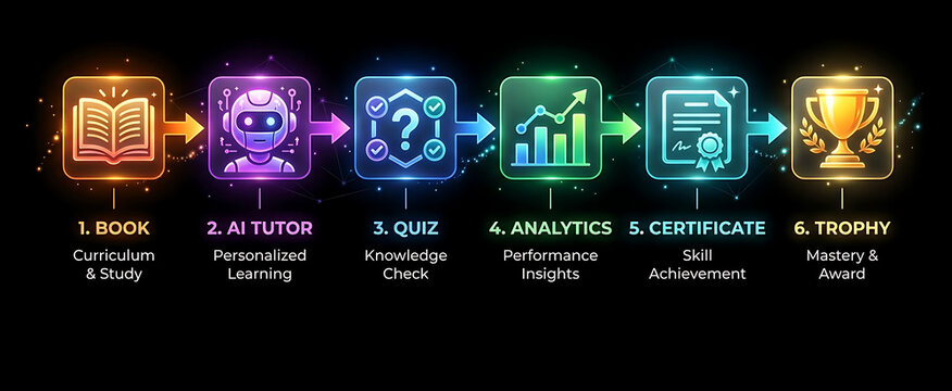 Online learning journey steps infographic educational process flowchart with book ai tutor quiz analytics certificate and trophy