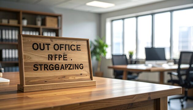 Humorous Out of Office Sign on Desk in Modern Office.