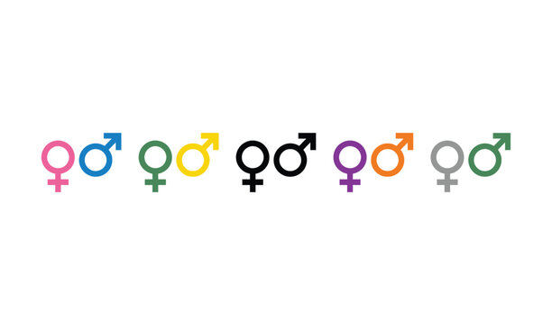A vibrant collection of gender symbols in various colors on a representing diversity and inclusivity