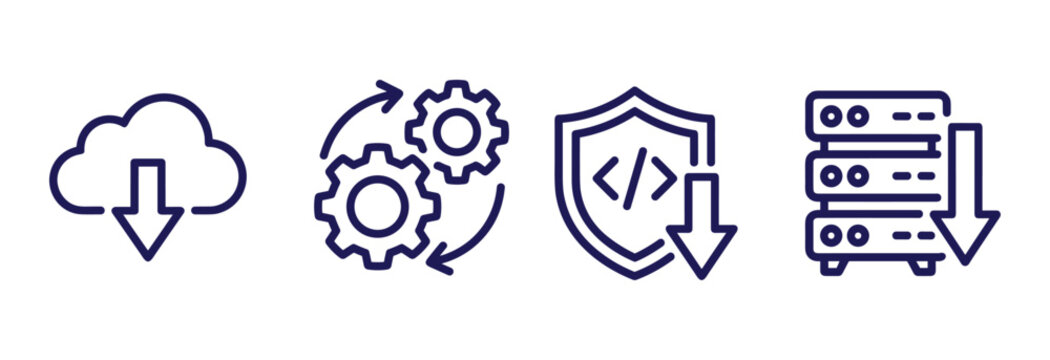 Cloud and Tech Development Icons Set &mdash; Cloud Download, Gear Cycle, Code Shield, Server Vector Outline Icons for IT and DevOps