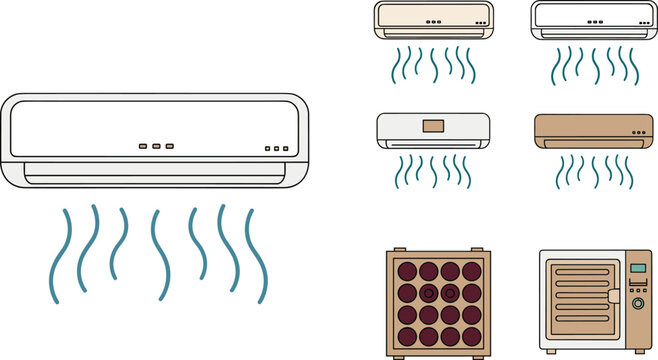 Air Conditioner and Home Appliance Vector Icon Set with Split System Units, Dehumidifier, and Wine Cooler Elements for HVAC Service and Interior Climate Design