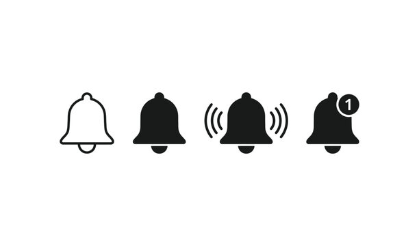 Four different bell icons in black and white on a for notifications and alerts