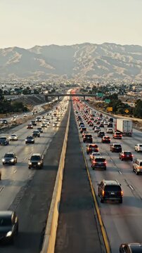 A Scenic View of a Busy Interstate Highway at Dusk, Showcasing an Array of Vehicles and the Majestic Mountains in the Background