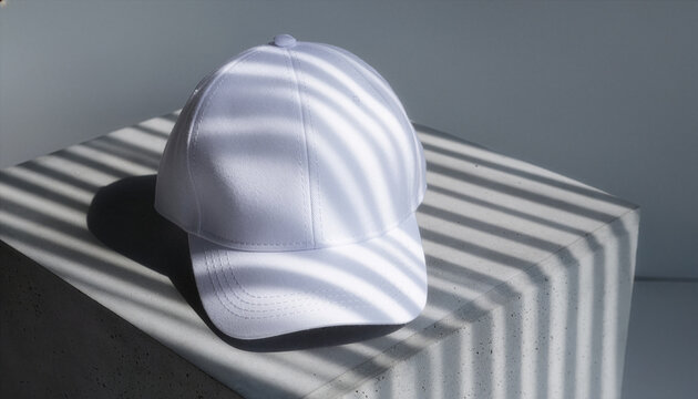 White blank baseball cap mockup template on concrete block with striped shadows