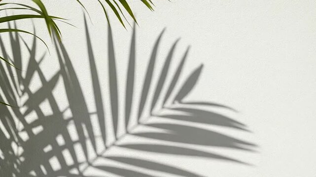 A palm leaf casts a dark shadow on a clean white textured wall surface