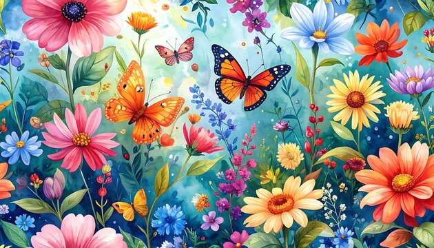 Vibrant illustration of assorted flowers and butterflies with bright, whimsical colors and blurred background textures