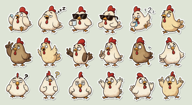 Funny Chicken Sticker Pack: Cute Cartoon Poultry with Various Emotions and Actions